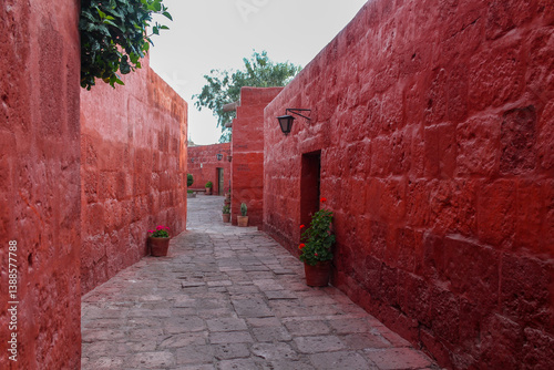Arequipa, Peru Santa Catalina monastery of Dominican nuns. Famous monastery tourist attraction Arequipa city center, South America, Peru. Vibrant colors of Spanish colonial architecture