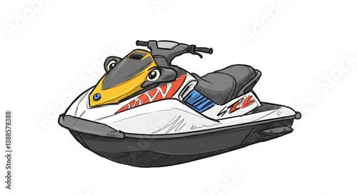 Illustrated Jet Ski with Eyes and Cartoon Shark Teeth on White