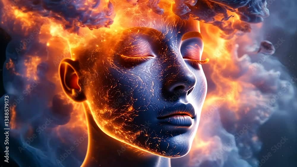 Fiery visage engulfed in swirling smoke, serene expression