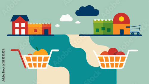 Foodequity Gap Infographic illustrating communities with low food availability depicted as empty shopping carts surrounded by farms visually arguing the disparity caused by climate