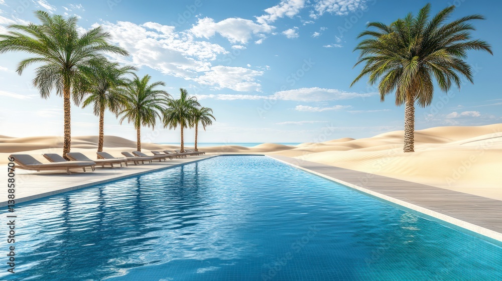 Obraz premium Tranquil desert oasis with a pristine pool, palm trees, and lounge chairs under a bright sunny sky.