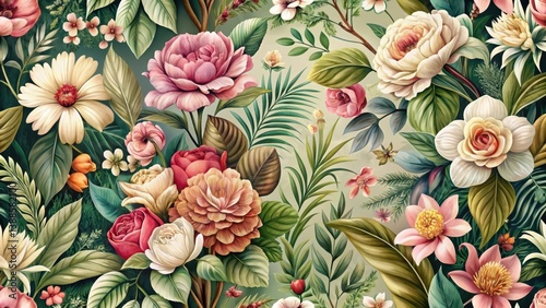 A Lush Tapestry of Exquisitely Rendered Blossoms and Vibrant Greenery, Showcasing a Harmonious Blend of Floral Delights in a Verdant Setting