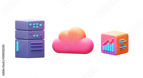 Data and analytics: A server stack, a pink cloud representing cloud computing, and a data cube with charts. Essential for modern tech