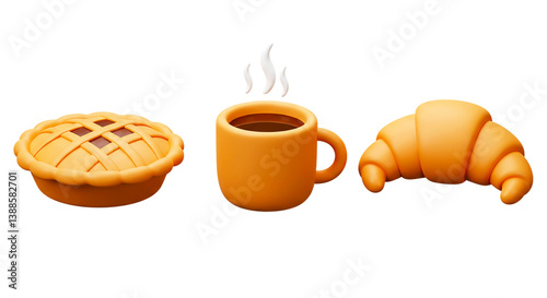 Delicious breakfast or snack combo: A golden-brown pie, a steaming cup of coffee, and a flaky croissant. Perfect for a cozy morning.