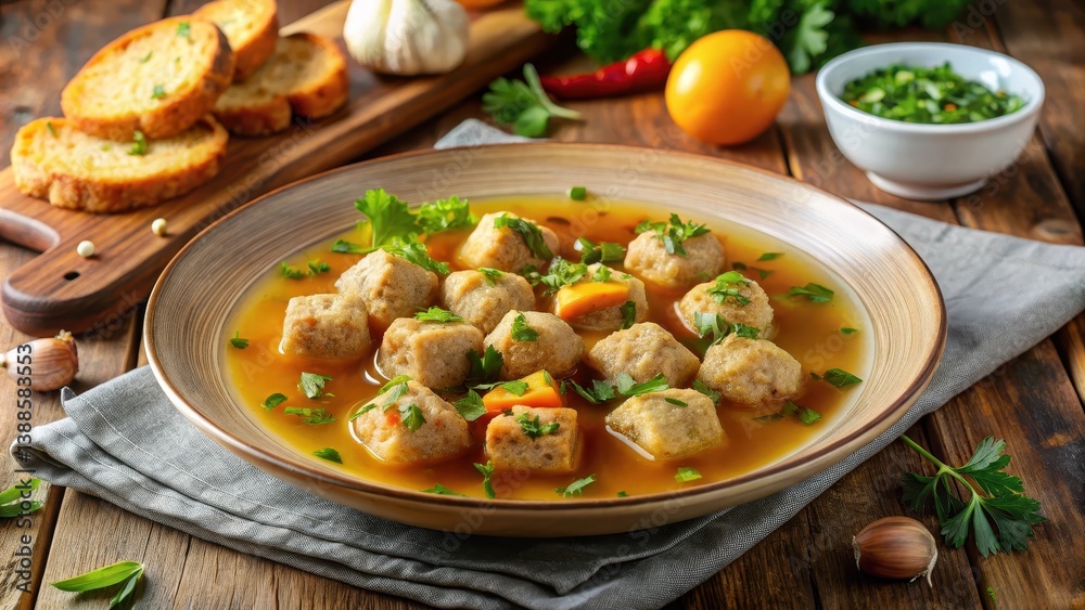Savory chicken bouillon served in a plate with juicy meatballs and crunchy croutons, garnished with fresh herbs, chicken soup, chicken meatballs Savory chicken bouillon served in a plate with juicy meatballs and crunchy croutons, garnished with fresh herbs, chicken soup, chicken meatballs