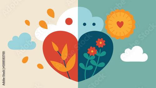 Heart and Mind A split illustration showing a brain on one side filled with storm clouds symbolizing stress and a heart on the other side overflowing with flowers and sunlight