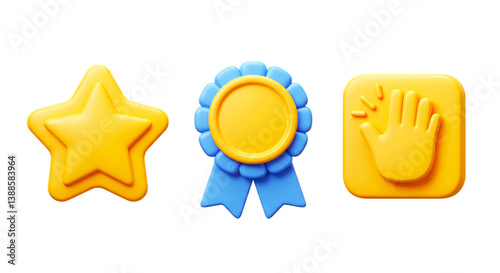 Obraz na plátně Three dimensional rendered star ribbon and hand icons on a black background in a