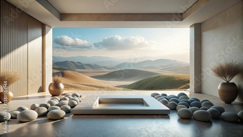 Serene Minimalist Interior Design Featuring a Panoramic Desert Vista and Smooth River Stones
