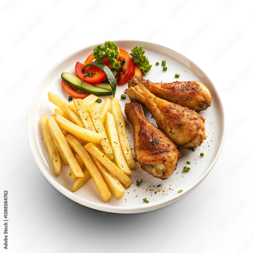 Grilled Chicken Drumsticks with Fries and Fresh Salad Grilled Chicken Drumsticks with Fries and Fresh Salad