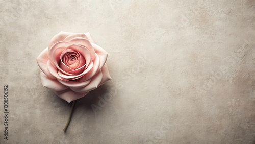 A single delicate blush-colored rose rests on a neutral textured background, offering a serene and elegant visual for various design applications.