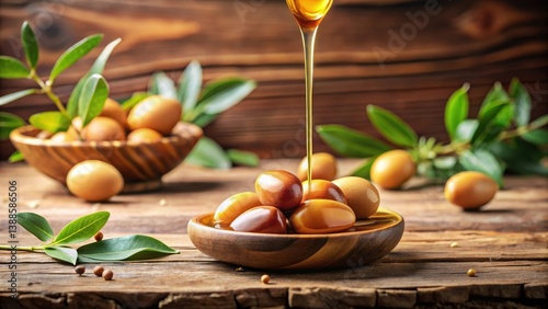 Warm golden argan oil drips from a ripe argan fruit onto a wooden table, wood, exotic spices