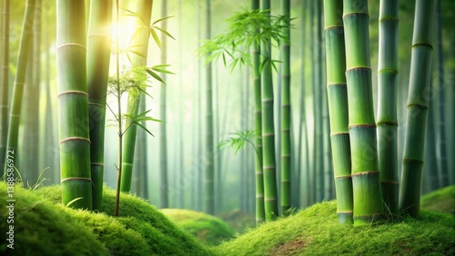 Serene Bamboo Grove Lush Green Stalks and Mossy Hills bathed in Sunlight