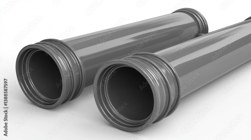 Fototapeta premium Two grey PVC pipes with connectors, isolated on white background.