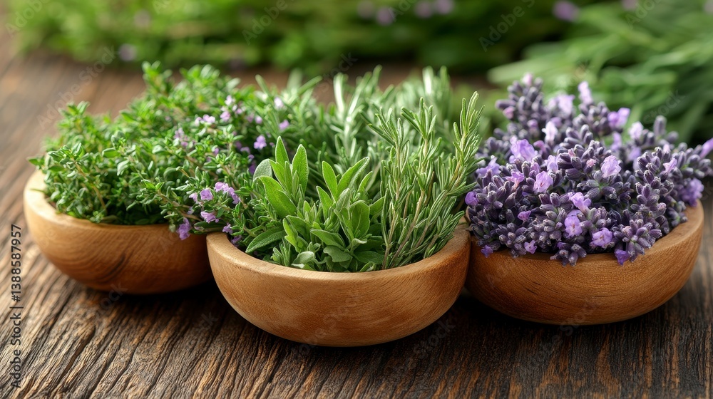 Wooden bowls filled with fresh thyme, rosemary, & lavender herbs on a wood surface Wooden bowls filled with fresh thyme, rosemary, & lavender herbs on a wood surface