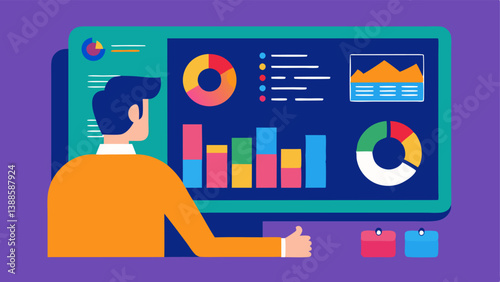 Data Analytics Dashboard A supply chain manager analyzing a colorful data analytics dashboard filled with graphs and KPIs on a large monitor.