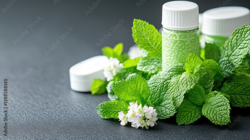 Fresh mint extract in small jars Fresh mint extract in small jars