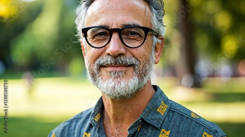 Senior man smiling outdoors in a park wearing glasses and a patterned shirt during a sunny day