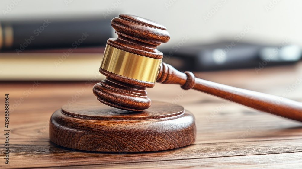 Wooden Gavel on a Smooth Surface with Blurred Law Books in Background Wooden Gavel on a Smooth Surface with Blurred Law Books in Background