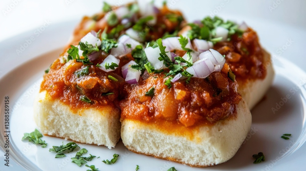 plate of pav bhaji with buttered buns topped with chopped onions and cilantro, showcasing delicious and spicy Indian street food dish plate of pav bhaji with buttered buns topped with chopped onions and cilantro, showcasing delicious and spicy Indian street food dish