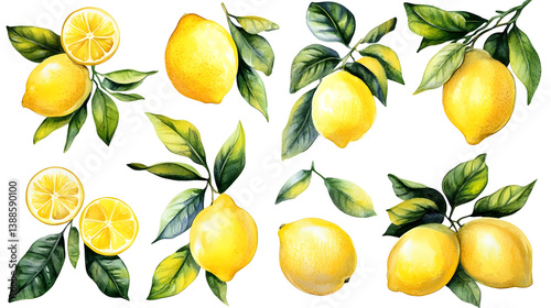 Watercolor Illustration Of Yellow Lemons With Green Leaves Isolated PNG