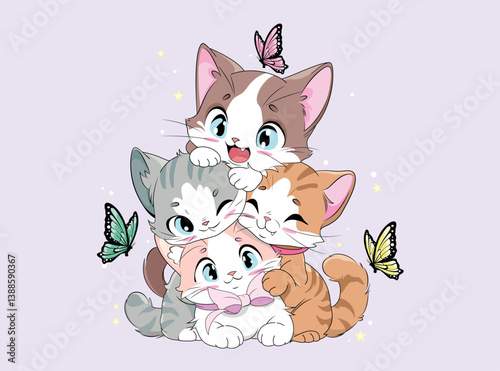 happy kittens, butterflies and stars, vector. Design to print on a shirt, poster, banner, dedications. Lovely print for t-shirt