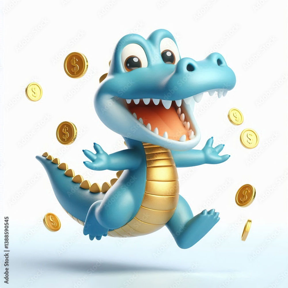 Animated character 3D image of happy lucky blue gold Alligator jumping, cute design, white background Animated character 3D image of happy lucky blue gold Alligator jumping, cute design, white background