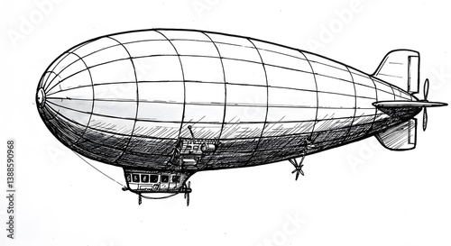 Airship flying in sky vintage line drawing sketch illustration