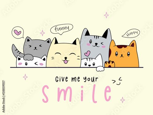 Vector illustration. Design for printing on shirt, poster, banner. White text on pink background. Lovely print for t-shirt, cute children's kittens.