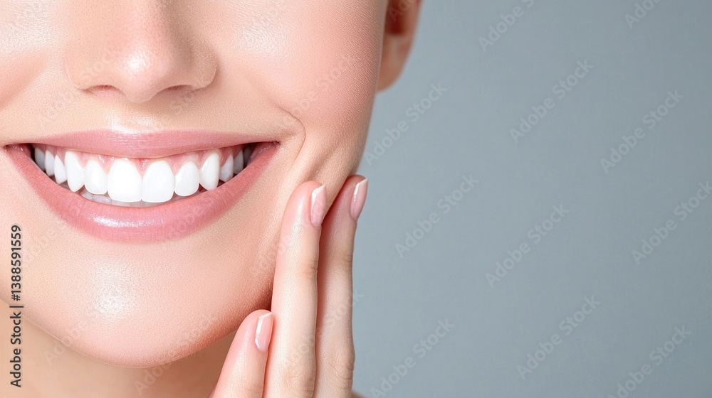 Obraz premium Healthy, radiant smile with perfect teeth. Close-up of a woman's face, emphasizing a beautiful smile and smooth skin