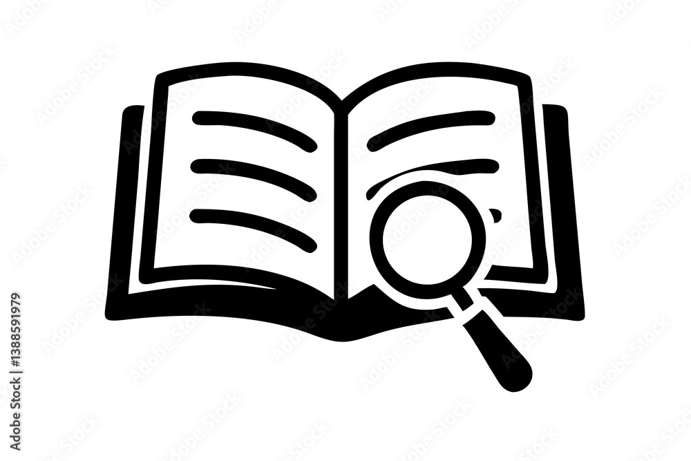 Naklejka premium World Book and Copyright Day: A magnifying glass over an open book symbolizing investigation, reading, and knowledge search during World Book and Copyright Day