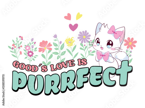 Vector illustration. Kitten surrounded by colorful flowers. Lovely T-shirt printing, Celebration templates, ads, branding, banner, cover, label, poster, sales