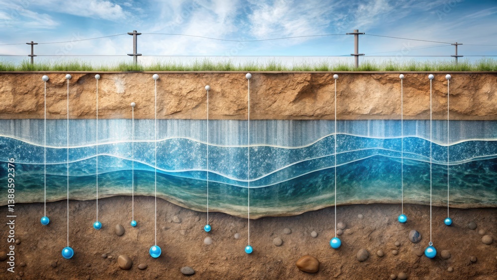 Cross-section illustration depicting subterranean water resources and the processes of groundwater extraction and monitoring