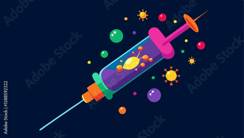 Nanotechnology Infusion A visual of a syringe filled with colorful nanobots injecting exosomerich serum into the skin with sparkling effects to emphasize vitality.