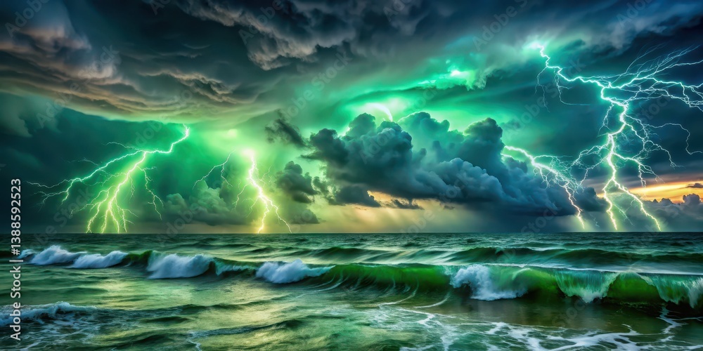 Dramatic ocean waves crash against the shore under a stormy sky illuminated by vibrant green lightning bolts.