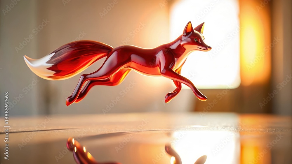 A vibrant red fox figurine in mid-leap, showcasing sleek lines and a glossy finish, reflected on a polished surface against a soft, warm light background.