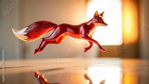 Obraz na płótnie A vibrant red fox figurine in mid-leap, showcasing sleek lines and a glossy finish, reflected on a polished surface against a soft, warm light background. w salonie