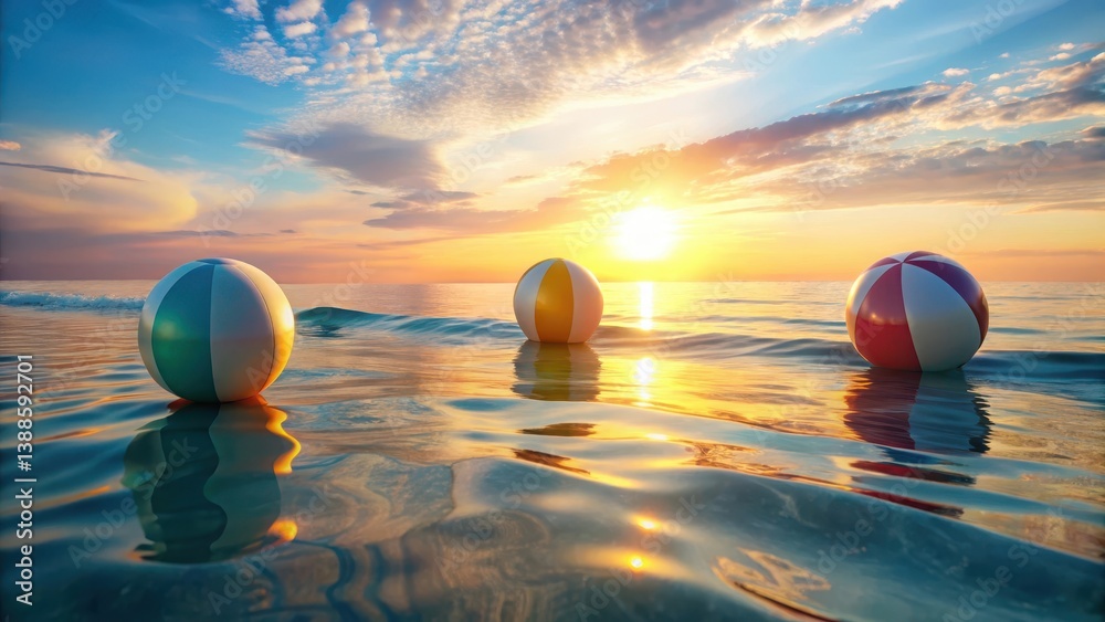Serene Sunset Glow Beach Balls Gently Bobbing on Calm Ocean Waves at Golden Hour