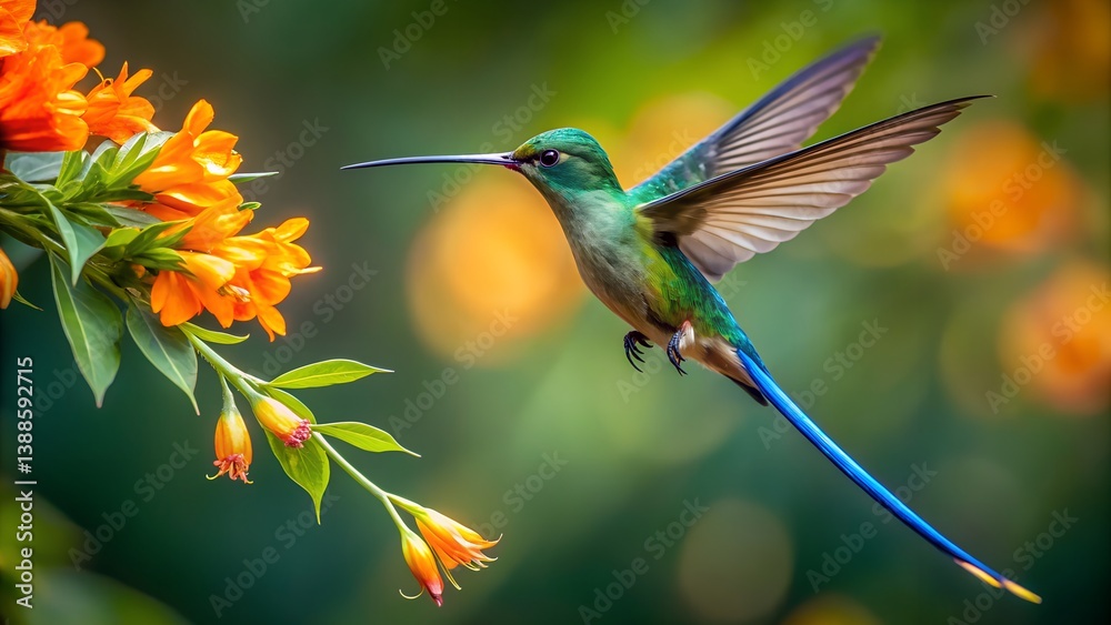 Fototapeta premium A Long-Tailed Sylph Hummingbird (Aglaiocercus Kingi) Perched on a Vibrant Flower