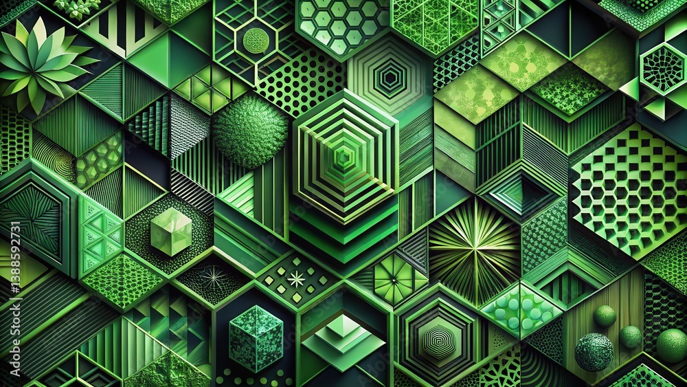 Abstract Green Geometric Hexagon Mosaic Design Featuring Intricate Patterns and Textures