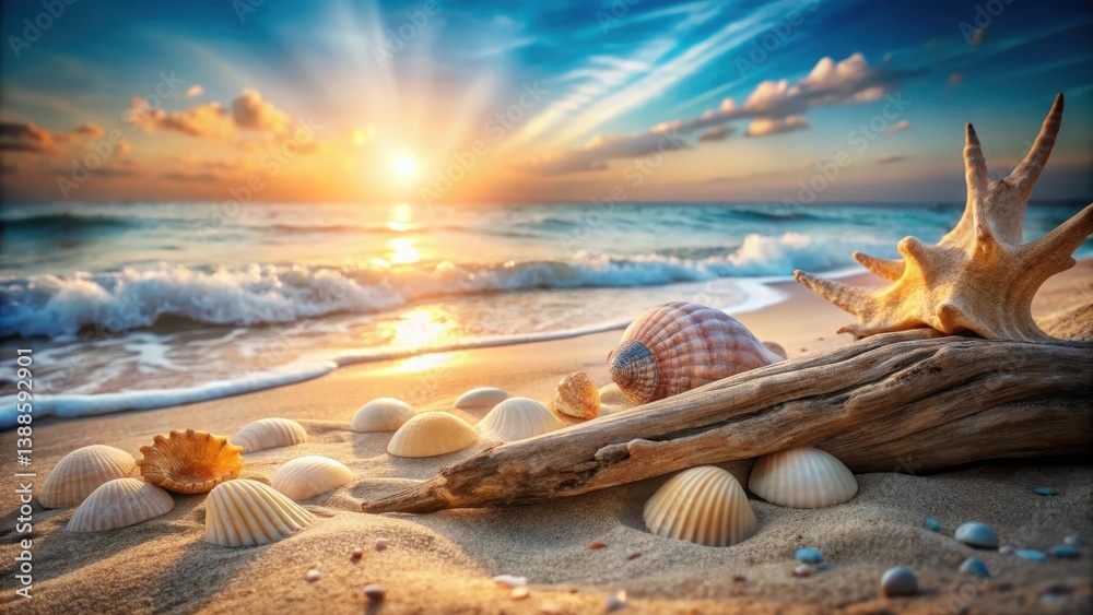 Seashells and driftwood on a sunlit sandy beach at sunset, waves gently lapping the shore, a serene summer scene