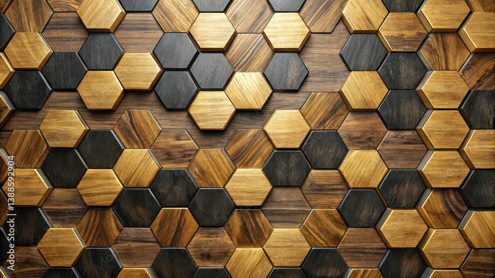 Abstract Hexagonal Wooden Wall Panel Design Featuring a Varied Tone Palette of Dark and Light Wood