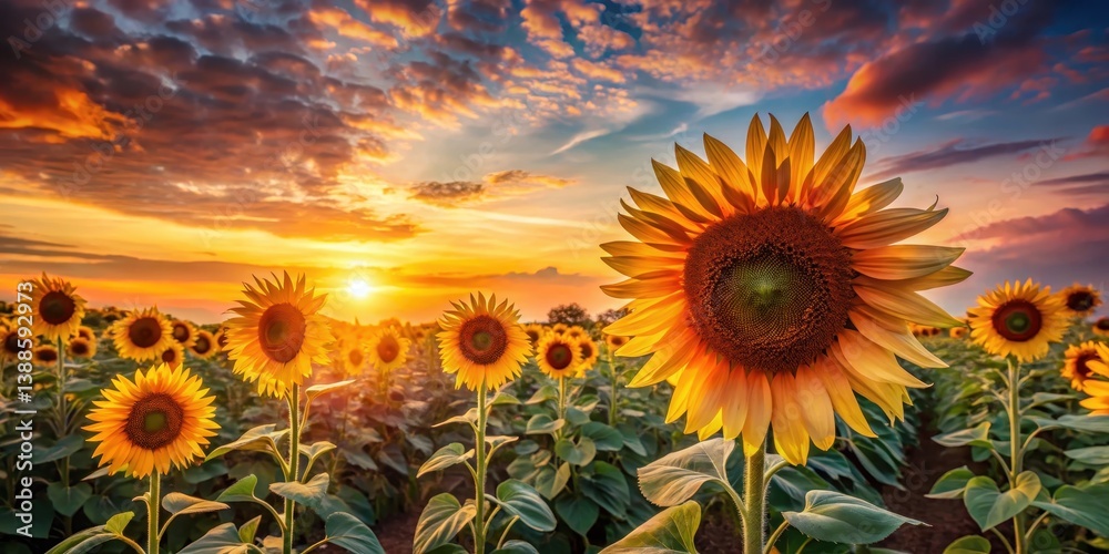 Golden Hour Sunflowers in a Vast Field at Sunset A Vibrant Display of Nature's Beauty
