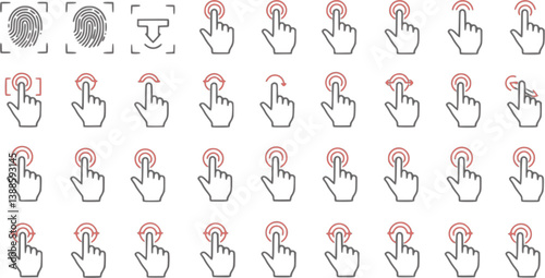 Set of hand gestures icons for using in the touch sensitive screen. Vector collection includes: fingerprint, taps, double taps, swipes, drags and more.