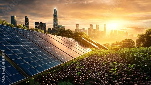 Solar panels in a vibrant green field with a city skyline at sunset
