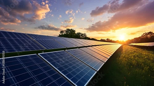 Solar panels reflecting sunlight at sunset in a green field landscape