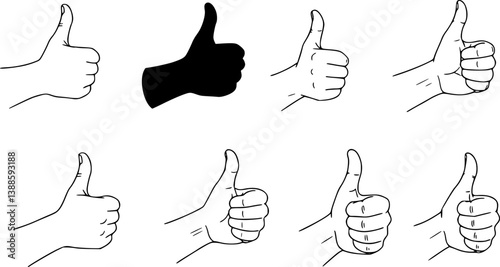 set of Hand position with gesture of pointing thumb up. Success concept in sign language. Vector illustration in outline style isolated on white background.
