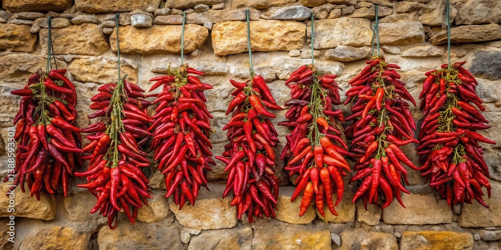 Rows of dried red peppers hang from twine against a rustic stone wall