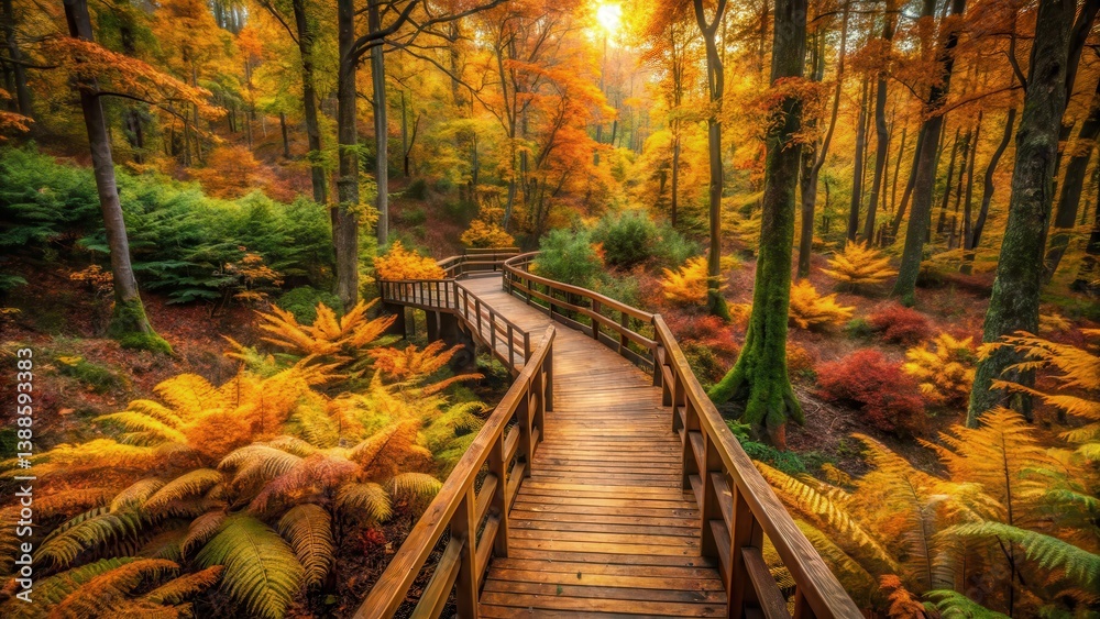 Autumnal Forest Path A Serene Wooden Walkway Meandering Through Vibrant Fall Foliage