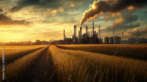 Sunset over a vast field with a factory emitting smoke in the background