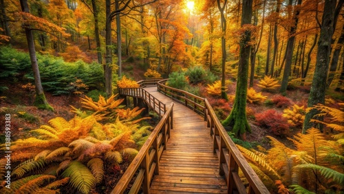 Obraz na płótnie Autumnal Forest Path A Serene Wooden Walkway Meandering Through Vibrant Fall Foliage w salonie